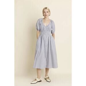 Aureum Dress Size Large Stripe Maxi Poplin Smocked Waist Preppy Coquette Flirty